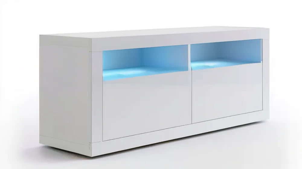 Biała szafka RTV 120 x 35 x 40 cm z niebieskim oświetleniem LED