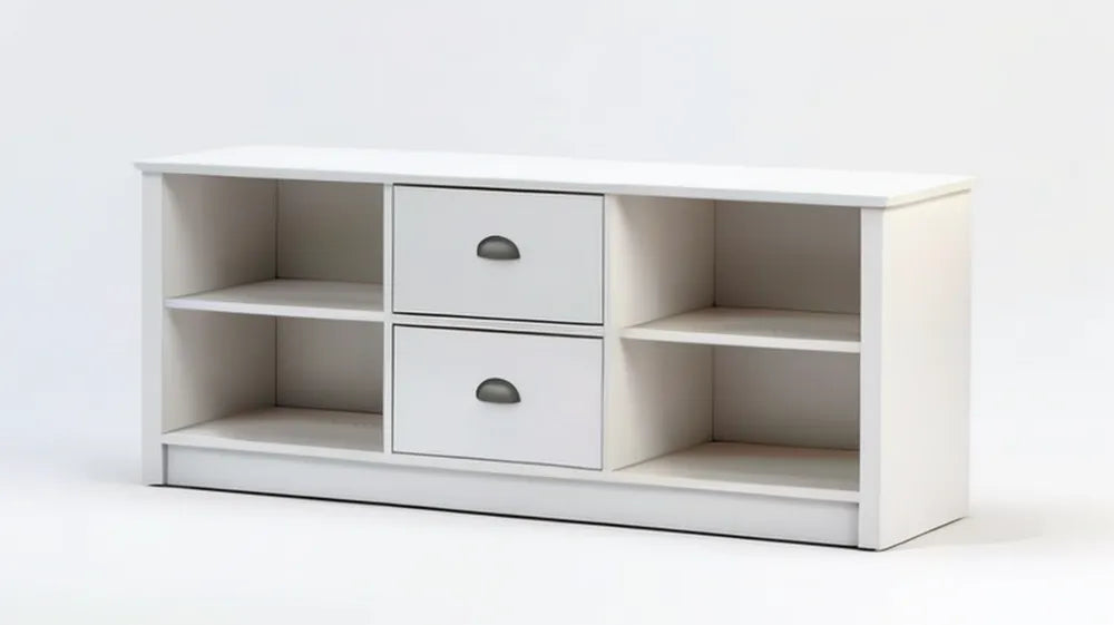 Biała szafka RTV z MDF 120 × 40 × 60 cm, 4 otwarte wnęki i 2 szuflady