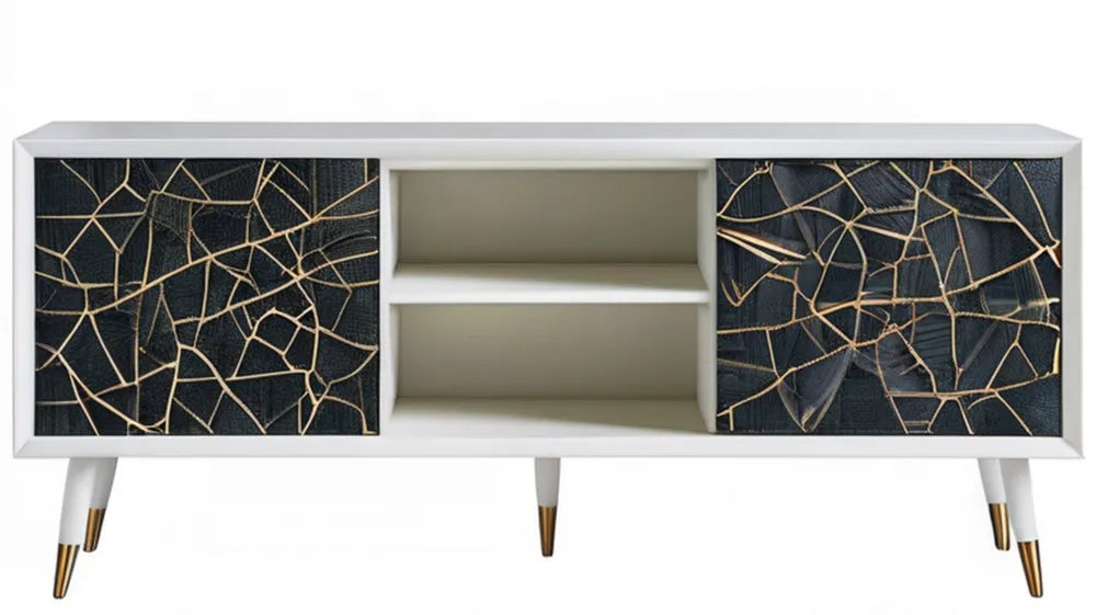 Szafka RTV z MDF biało-czarna ze złotym wzorem, 140 x 40 x 55 cm