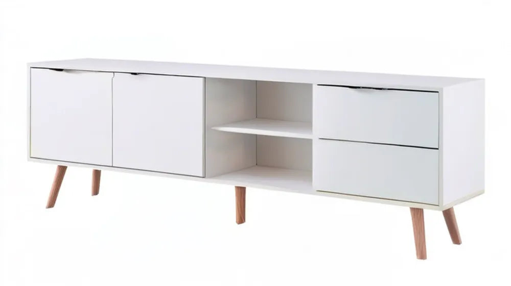 Biała szafka RTV z drewnianymi nogami, 180 x 40 x 57 cm