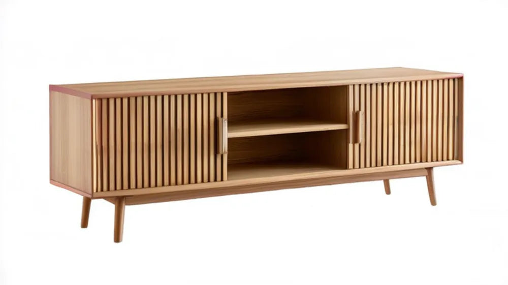 Szafka RTV z ryflowanymi drzwiami przesuwnymi, dekor dębu naturalnego, 160 × 40 × 55 cm