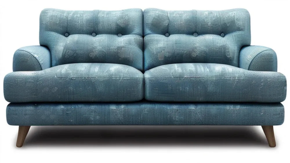Dwuosobowa sofa tapicerowana niebieska z brązowymi nogami, 150 x 85 x 85 cm