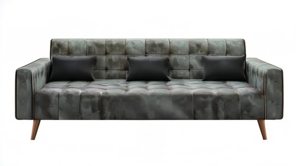 Trzyosobowa sofa z pikowanym siedziskiem szarozielona 220 × 90 × 85 cm