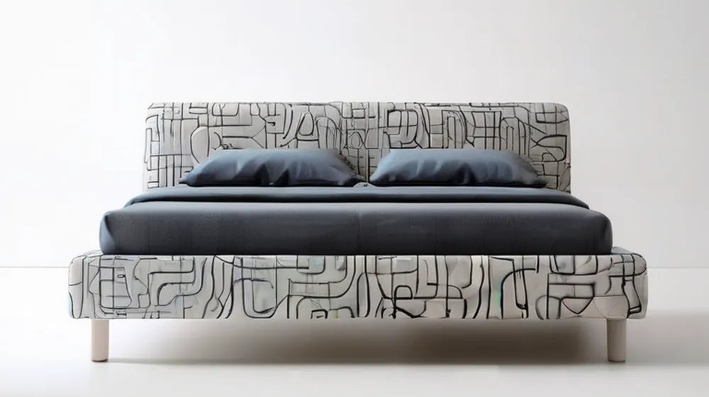 Tapicerowane łóżko dwuosobowe z geometrycznym wzorem, jasnoszaro-czarno-beżowe, 160 x 200 cm