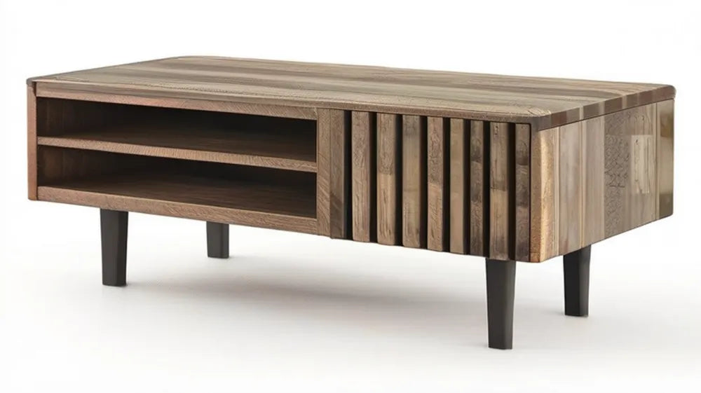 Prostokątny stolik kawowy z litego drewna dębowego z półką i przesuwnym frontem, brązowo-czarny, 120 x 60 x 40 cm