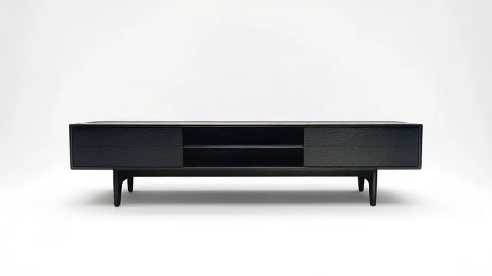 Czarna szafka RTV z MDF z 2 zamkniętymi schowkami i 2 półkami, 180 x 40 x 45 cm