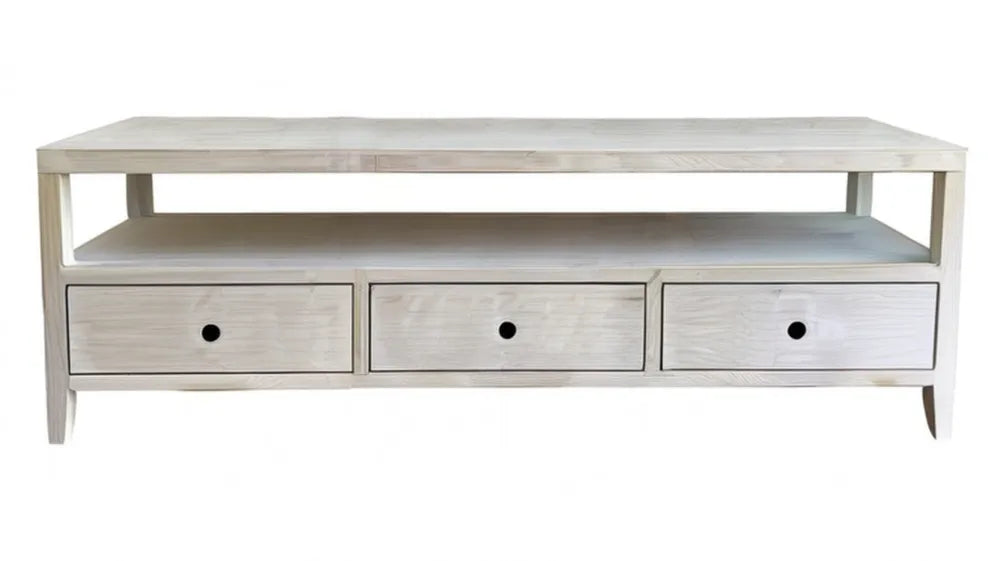 Prostokątny stolik kawowy z litego drewna sosnowego, jasny naturalny, 120 x 60 x 45 cm, 3 szuflady