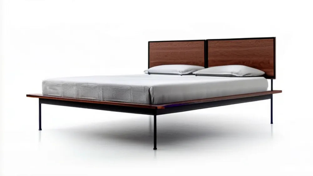 Dwuosobowe łóżko platformowe 180 x 200 cm z zagłówkiem, fornirem orzechowym i czarną stalową ramą