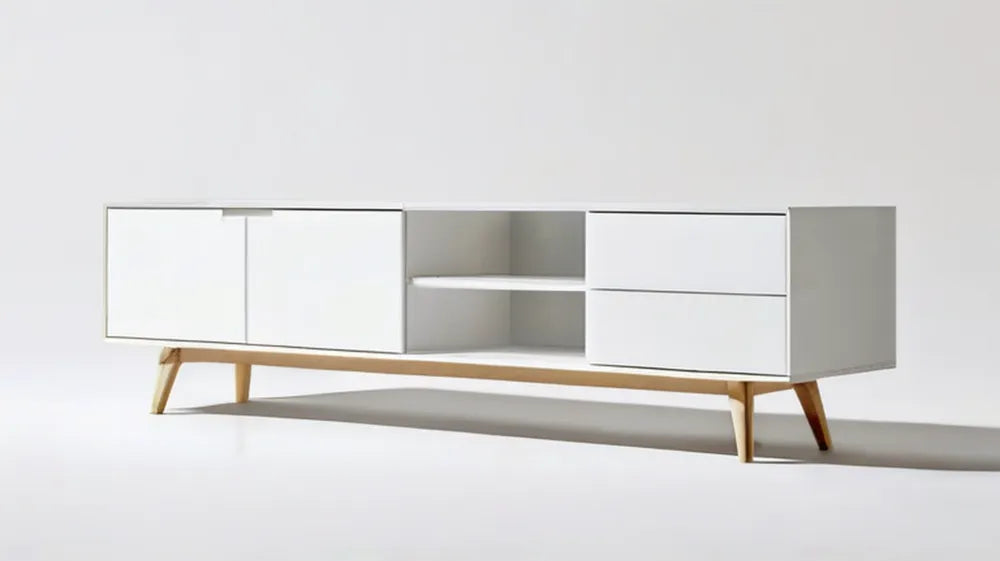 Biała szafka RTV z płyty MDF na nogach z litego drewna bukowego, 180 x 40 x 55 cm