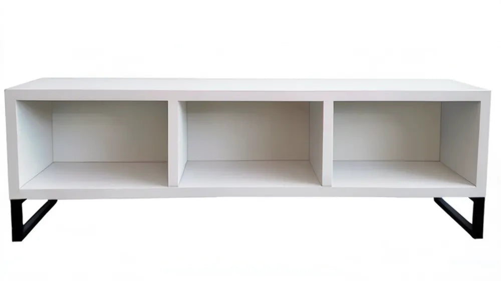 Biała szafka RTV z 3 otwartymi wnękami i czarnymi nogami, 120 × 40 × 45 cm